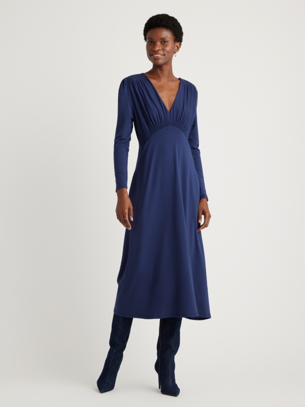 Quince Tencel Jersey V-Neck Long Sleeve Midi Dress